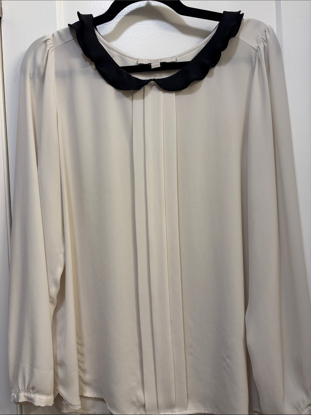 LOFT Cream Blouse with Black Scalloped Collar